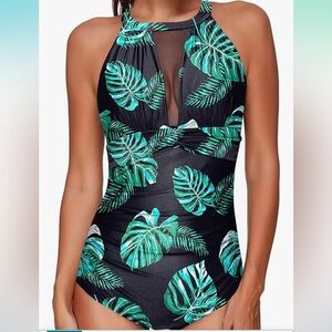 Tropical Leaf Print One Piece Swimsuit high neck plunge mesh rushed tummy co